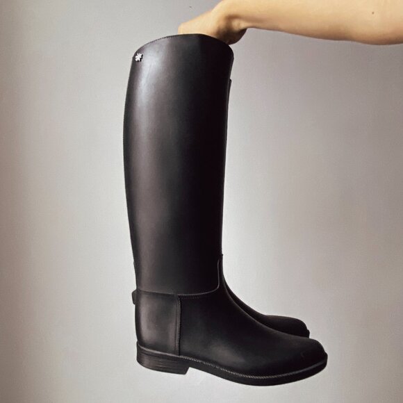 🍂 Vintage Méduse Black PVC Knee-High Minimalist Equestrian Riding Rain Boots - Picture 1 of 10